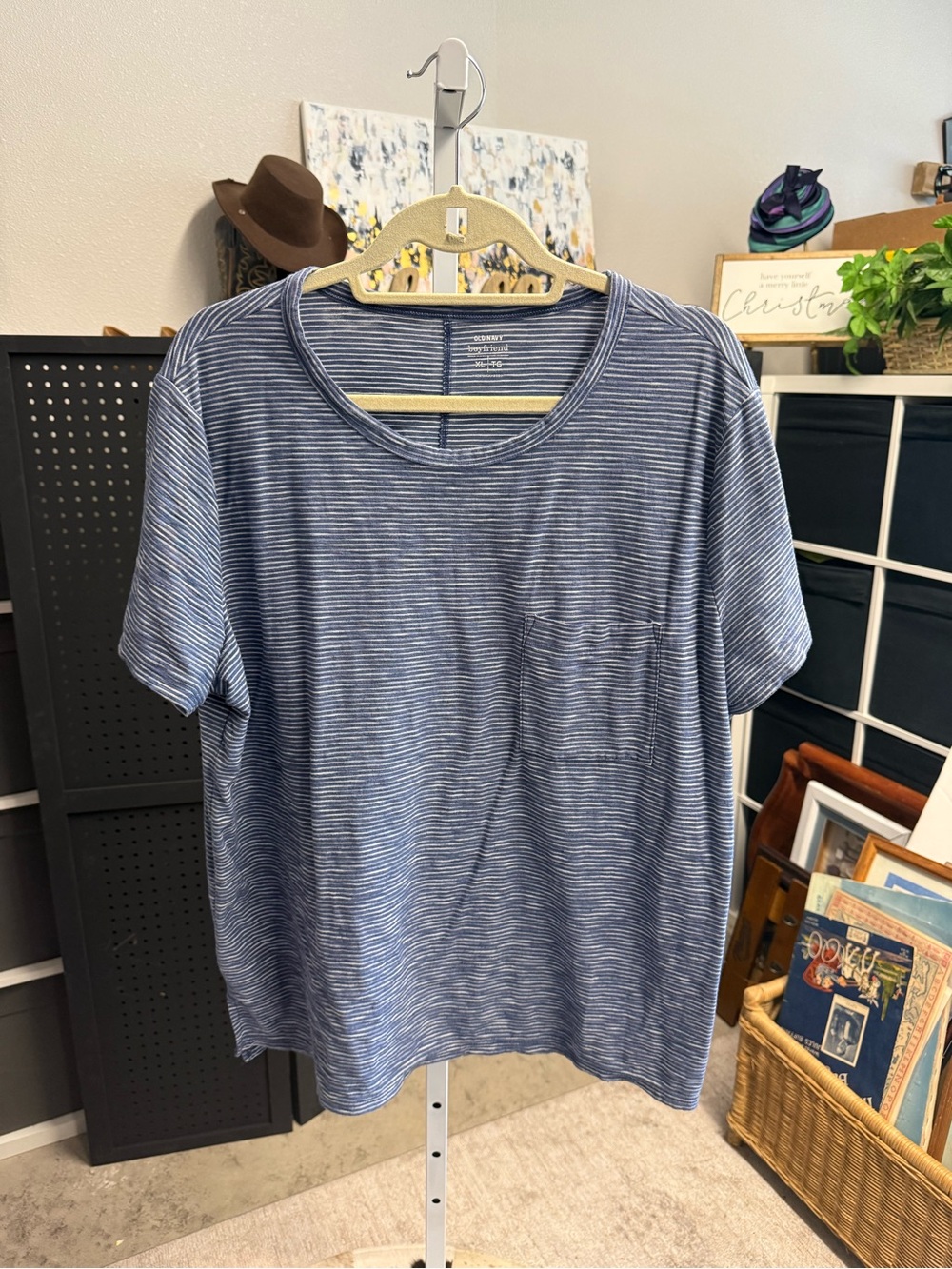 Old Navy Blue White Striped Boyfriend Pocket Tee